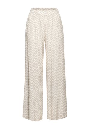 Light beige wide-leg trousers with a diamond pattern. Elastic waistband and soft, textured fabric for comfort.