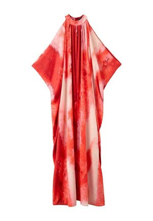 Loose, flowing maxi dress with wide sleeves and red and pink watercolor pattern, featuring a round neckline and gathered fabric at the front.