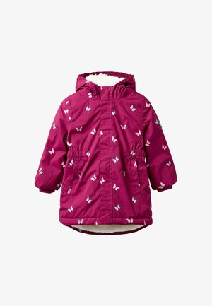 Giacca con cappuccio rosa adornata da motivi di farfalle bianche, polsini elasticizzati e vita regolabile con cordino. Foderata in morbido pile bianco per garantire calore.