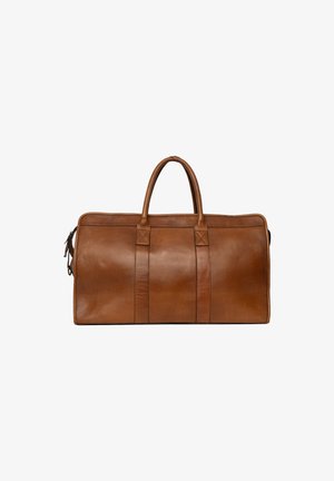 Brown leather duffel bag with dual handles, smooth texture, and vertical strap details, displayed on a white background.