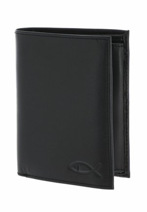 Portefeuille bifold en cuir noir avec symbole de poisson embossé en bas à droite, présenté légèrement ouvert sur fond blanc.