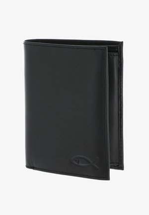 Black leather bifold wallet with embossed fish symbol on the bottom right corner, shown slightly open against a white background.