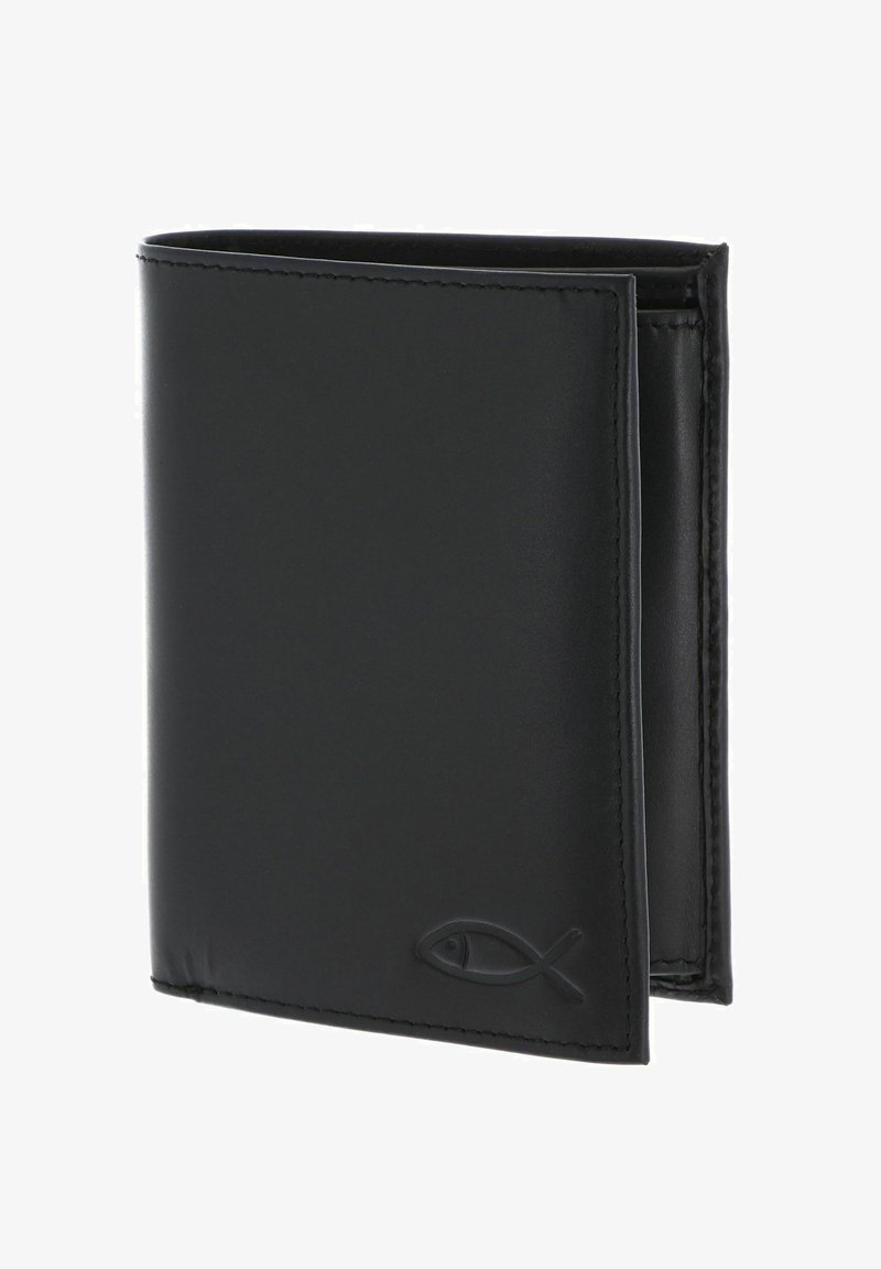 Portefeuille bifold en cuir noir avec symbole de poisson embossé en bas à droite, présenté légèrement ouvert sur fond blanc.