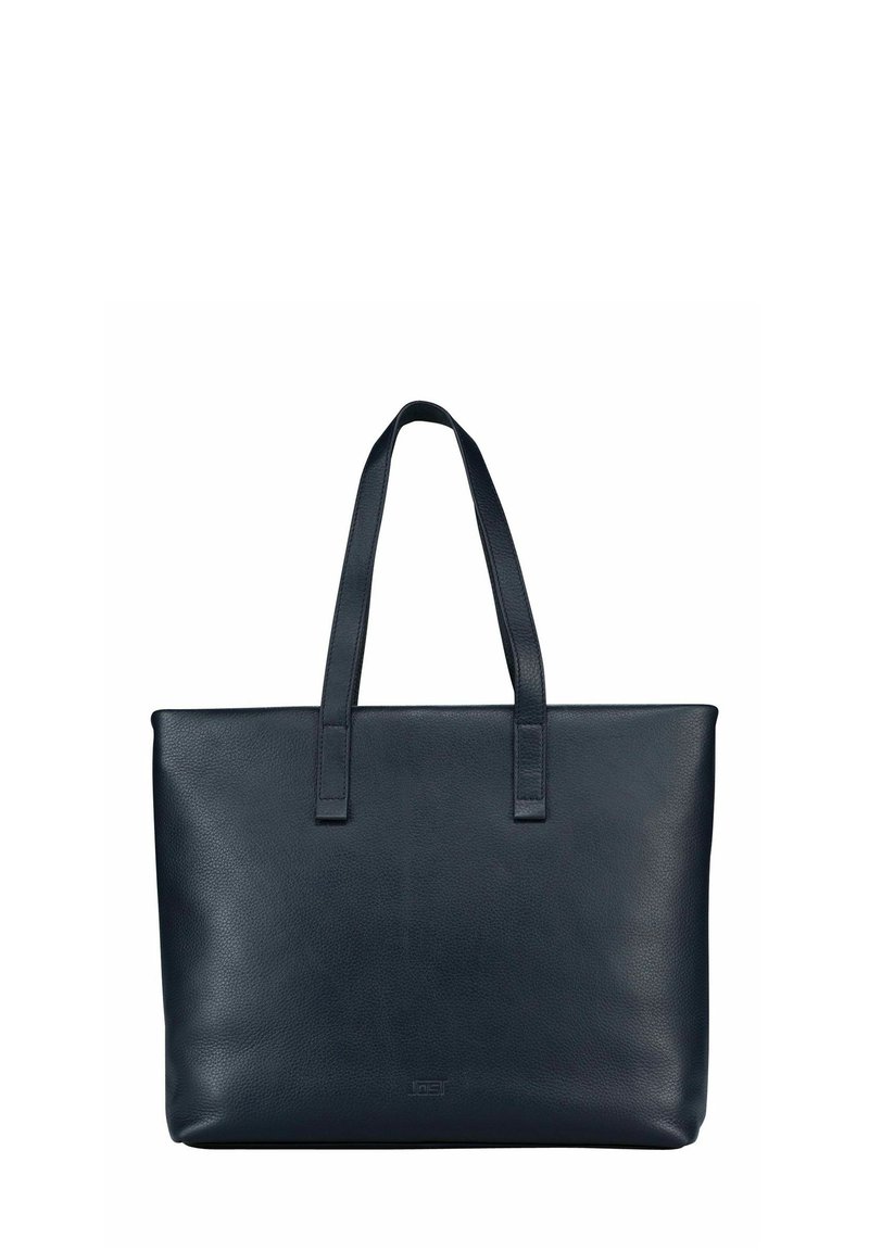 Sac fourre-tout en cuir noir avec deux bretelles, de forme rectangulaire, surface texturée et design minimaliste. Présente un détail de logo à l'avant.