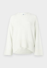 Suéter branco canelado com um corte solto, decote redondo e mangas três quartos, com um hem alto-baixo. Textura suave e design minimalista.