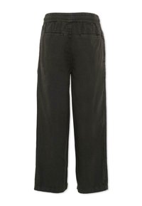 Czarne spodnie z szerokimi nogawkami, elastyczną talią i tylniami kieszeniami z patkami, widoczne od tyłu na białym tle.