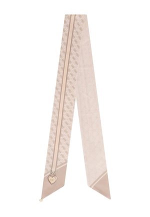 Écharpe rose clair avec un motif monogramme répété, une bande verticale ornée d'un charm en forme de cœur, et des extrémités pointues.