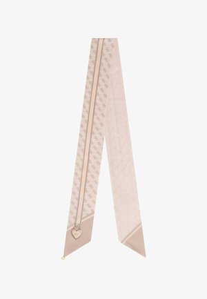 Jasnoróżowy szalik z powtarzającym się wzorem monogramu, pionowym paskiem z zawieszką w kształcie serca i zakończeniami w formie ostrych końcówek.