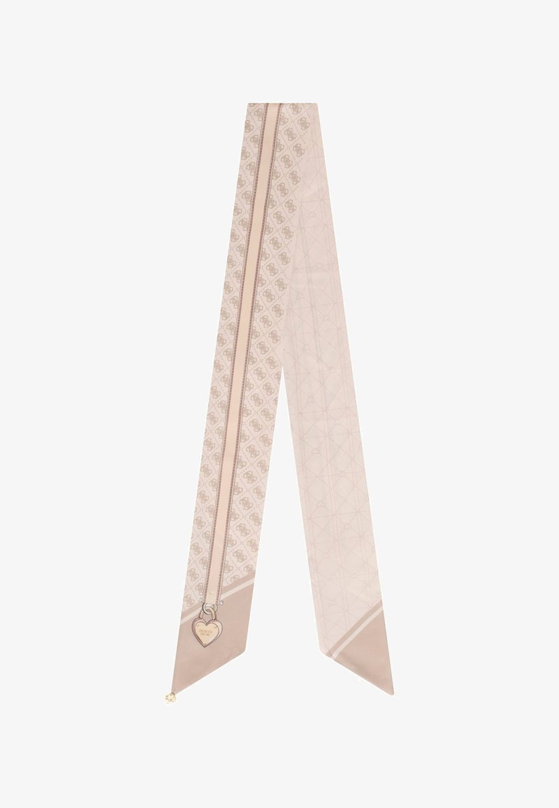 Écharpe rose clair avec un motif monogramme répété, une bande verticale ornée d'un charm en forme de cœur, et des extrémités pointues.