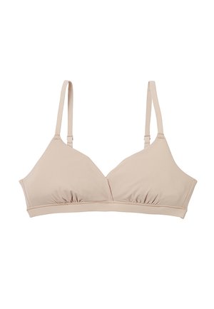 Soutien-gorge triangulaire beige en matériau doux et extensible. Il dispose de fines bretelles ajustables et de détails froncés à la base pour une forme naturelle.