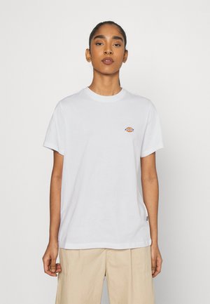 White cotton t-shirt featuring a round neckline and short sleeves, with a small colorful logo on the left chest. Smooth texture, relaxed fit.