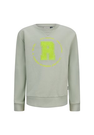 Lichtgroene sweatshirt met ronde hals en geribde manchetten. Heeft een grote geborduurde letter "R" in neon geel, omringd door tekst.