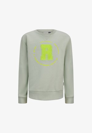 Lichtgroene sweatshirt met ronde hals en geribde manchetten. Heeft een grote geborduurde letter "R" in neon geel, omringd door tekst.
