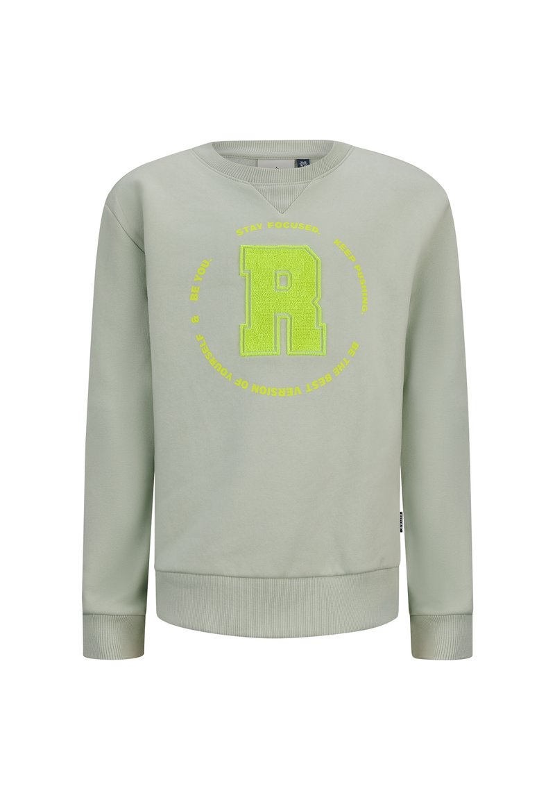 Felpa verde chiaro con scollatura rotonda e polsini a costine. Presenta una grande lettera "R" ricamata in giallo neon circondata da testo.