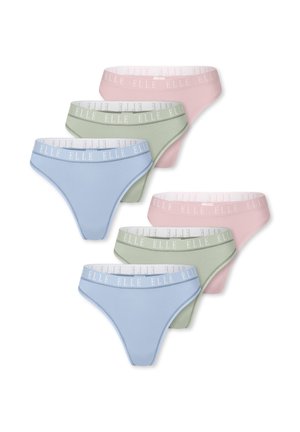 Conjunto de seis braguitas de bikini para mujer en rosa pastel, verde y azul con cintura elástica impresa con la marca "ELLE".
