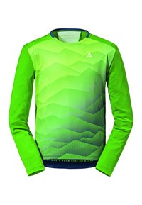Langarm-Sportshirt in leuchtendem Grün mit einem Farbverlaufmuster, strukturierten Wellen und einem blauen Kragen. Mit einem Slogan am Saum.