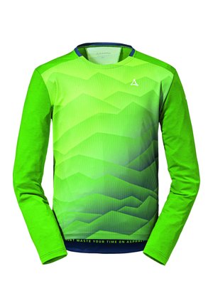 Langarm-Sportshirt in leuchtendem Grün mit einem Farbverlaufmuster, strukturierten Wellen und einem blauen Kragen. Mit einem Slogan am Saum.