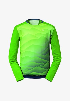 Langarm-Sportshirt in leuchtendem Grün mit einem Farbverlaufmuster, strukturierten Wellen und einem blauen Kragen. Mit einem Slogan am Saum.