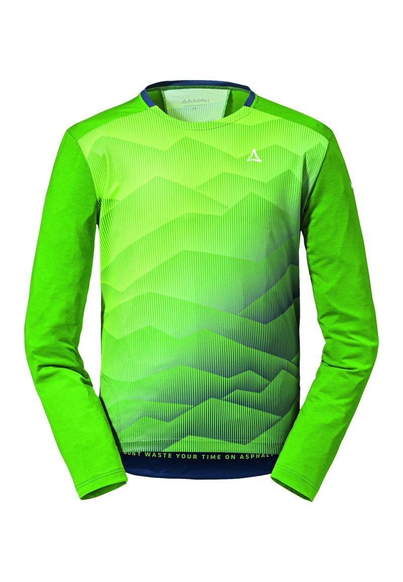 Langarm-Sportshirt in leuchtendem Grün mit einem Farbverlaufmuster, strukturierten Wellen und einem blauen Kragen. Mit einem Slogan am Saum.