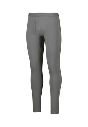 Leggings sportivi grigi con un design aderente, realizzati in materiale liscio e elastico, dotati di una tasca frontale e di una cintura elastica.