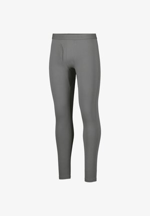 Leggings sportivi grigi con un design aderente, realizzati in materiale liscio e elastico, dotati di una tasca frontale e di una cintura elastica.