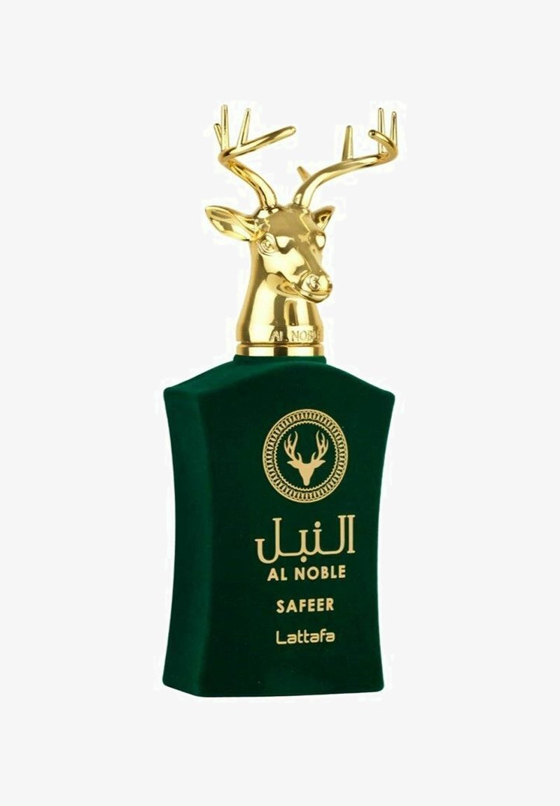 Grøn flaske med en blød tekstur, prydet med en guld hjortehovedkapsel og guld accenter. Indeholder "AL NOBLE SAFEEF" på arabisk og engelsk.