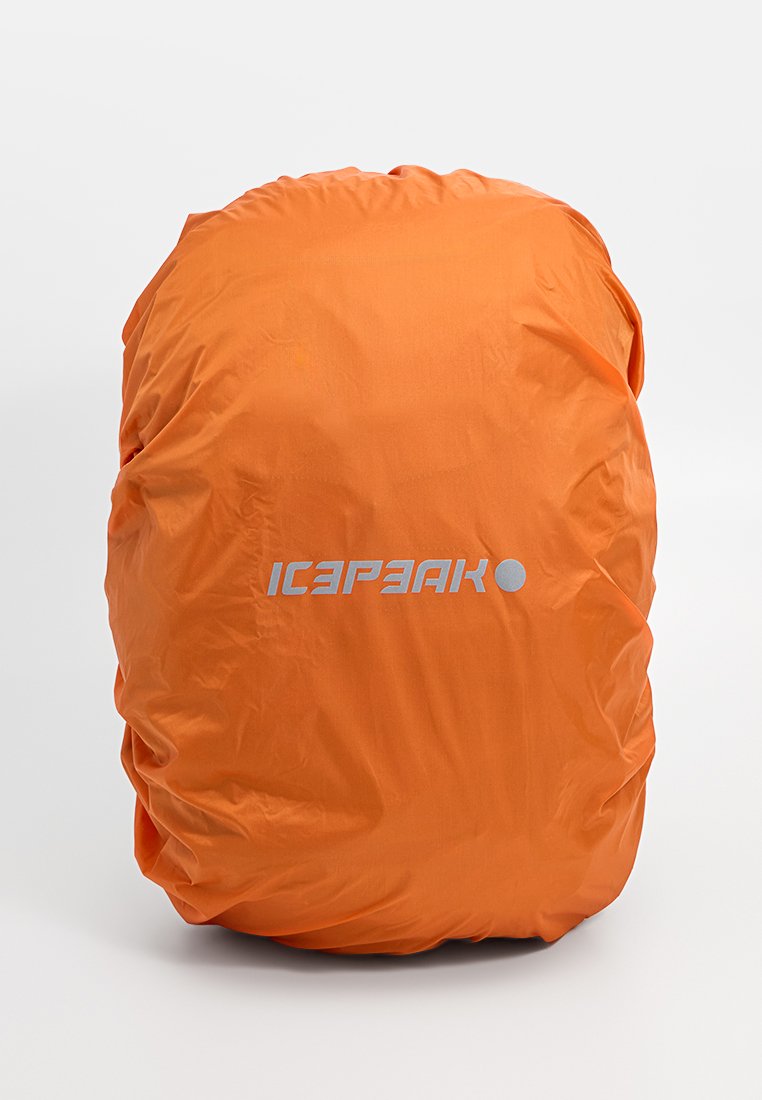 Orangenes wasserdichtes Rucksackcover mit reflektierendem "ICEPEAK"-Logo, entworfen, um Ausrüstung vor Regen zu schützen und die Sichtbarkeit zu erhöhen.