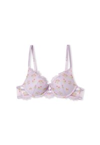 Lilac bra with floral embroidery, lace trim on cups and straps. Features adjustable straps and a structured shape. Soft, sheer fabric.
