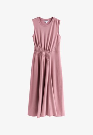 Sukienka midi bez rękawów w kolorze mauve, z okrągłym dekoltem i marszczonym detalem ułożonym ukośnie na talii, podkreślającym dopasowaną sylwetkę.