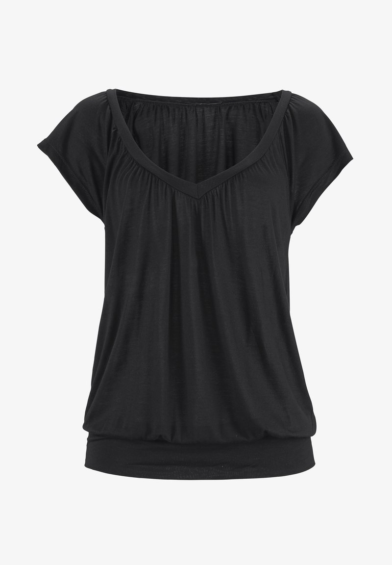 Black short-sleeve top with a V-neckline, made from soft, lightweight material; features gathered detail and a slightly elasticized hem.