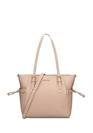 Borsa in pelle beige con doppie maniglie superiori, tracolla regolabile, dettagli con fibbie laterali e logo del marchio dorato sul davanti.