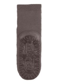 Brown cotton sock with a textured gripped sole featuring a circular pattern and raised logo. Ribbed cuff at the top.