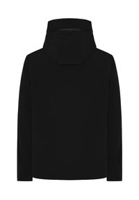 Schwarze Jacke mit Kapuze, aus glattem, leichtem Material. Verfügt über lange Ärmel und ein sauberes, minimalistisches Design. Keine sichtbaren Logos oder Verzierungen.