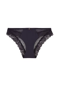 Sous-vêtements de style bikini pour femmes en dentelle noire avec des motifs floraux et un petit charm en or au centre de la taille.