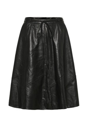 Black leather skirt with a flared shape, featuring a drawstring waist and geometric panel detailing. Smooth texture and minimalist design.