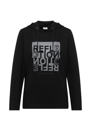 Černá mikina s kapucí vyrobená z bavlny, s dlouhými rukávy, zdobená velkým stříbrným reflexním potiskem slova "REFLEXE" a akcentním textem na spodní části.