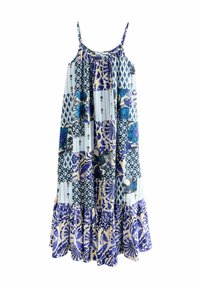 Spagetikante dress, mille erilahendustega sinise, valge ja beeži mustriga, voolava ä�ärise ja kerge kangakonstruktsiooniga.