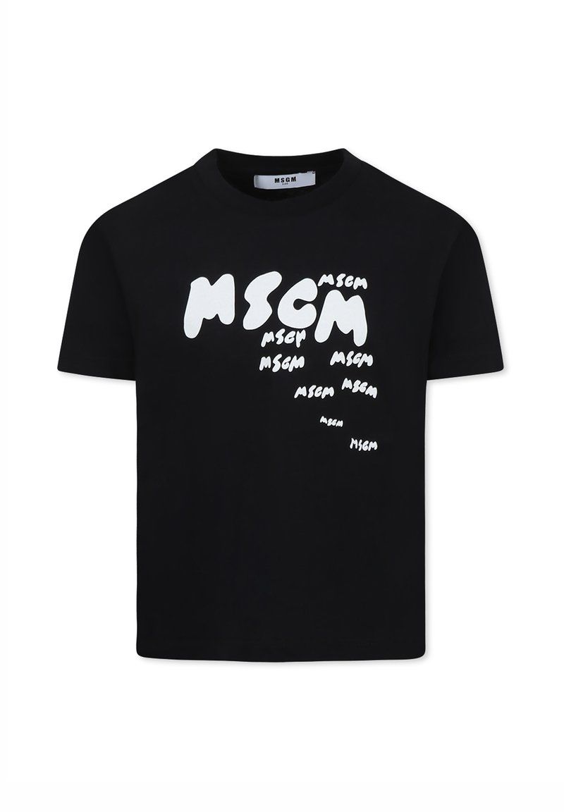 T-shirt in cotone nero con diversi loghi stilizzati "MSCM" bianchi di varie dimensioni sul davanti. Maniche corte e scollo rotondo.