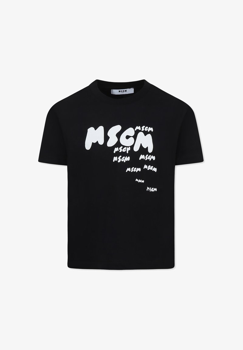 T-shirt in cotone nero con diversi loghi stilizzati "MSCM" bianchi di varie dimensioni sul davanti. Maniche corte e scollo rotondo.