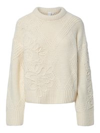 Cremfarbener gestrickter Pullover mit strukturierten Blumenmustern, gerippten Bündchen und Saum sowie Rundhalsausschnitt. Grober, gemütlicher Stil.
