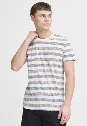 Striped t-shirt in white, green, and brown. Short sleeves, round neck, soft texture. Horizontal wavy stripes create a casual design.