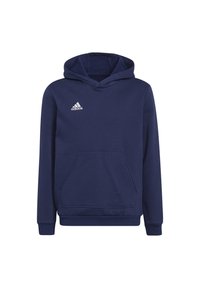 Felpa con cappuccio Adidas blu navy con tasca a marsupio frontale e logo Adidas bianco sul petto a sinistra.