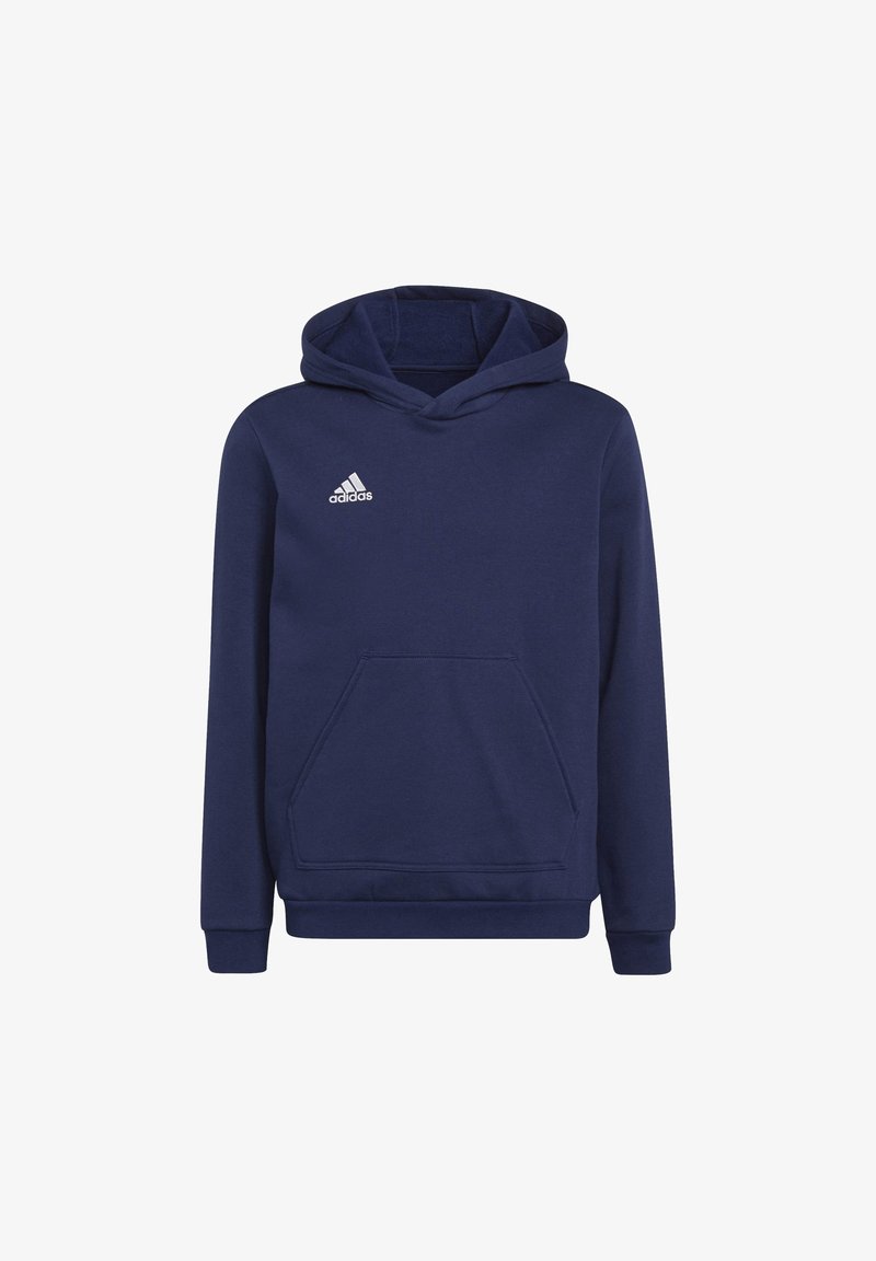 Felpa con cappuccio Adidas blu navy con tasca a marsupio frontale e logo Adidas bianco sul petto a sinistra.