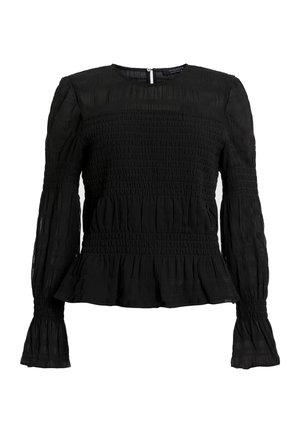 Black long-sleeve top with a pleated texture, smocked bodice, and peplum hem. Round neckline and fitted sleeves with flared cuffs.