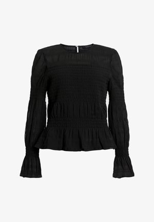 Haut noir à manches longues avec une texture plissée, buste smocké et ourlet évasé. Encolure ronde et manches ajustées avec des poignets évasés.