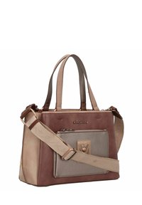 Sac à main marron et beige avec du cuir lisse et texturé, des poignées doubles, une bandoulière amovible et une poche zippée à l'avant.
