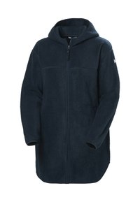 Marineblauwe fleecejas met een capuchon, volledige ritssluiting aan de voorkant en lange mouwen. Getextureerde stof met een zachte uitstraling en zijzakken.