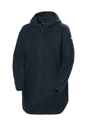 Abrigo de forro polar azul marino con capucha, cremallera frontal completa y mangas largas. Tejido texturizado con un aspecto suave y bolsillos laterales.