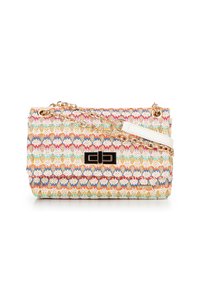 Colorful woven clutch bag with a chain strap, featuring a metal logo detail and a textured surface with varied patterns in pastel shades.