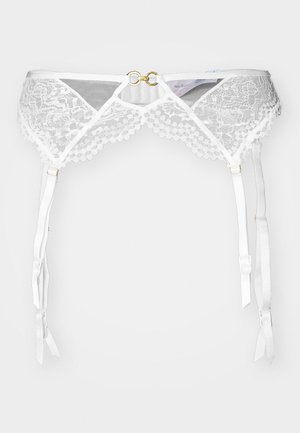 Weißer Spitzenstrumpfhalter mit gewelltem Rand, goldenen Beschlägen in der Mitte und verstellbaren Satinschnüren zur Befestigung.